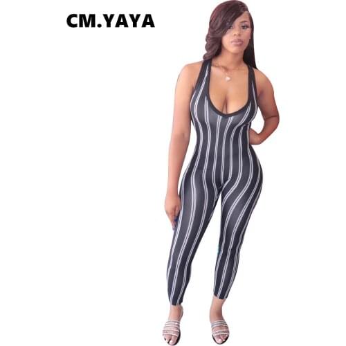 2020 Summer Women Sleeveless Striped Print O-Neck Jumpsuits Rompers Fitness Sporty Sexy Night Club Party One Piece Outfits GL128