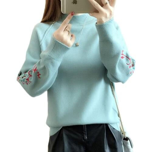 Embroidery Half Turtleneck Pullovers Sweater Women 2020 Autumn Winter Women Jumper Knitted Bottoming Sweaters Femme Tops AA400