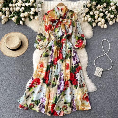 Full Garden Spring Series Elegant Printed Dress Womens Summer 2021 New Temperament Flower Holiday Dress Long Femme Robes zh1423