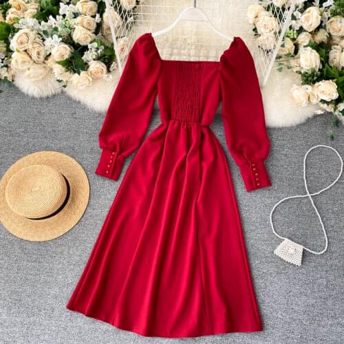 Square Collar Elegant 2021 Dress Long Sleeve Solid Red Dresses Women Vintage Party Boho Lace Spring Embridery High Waist A-Line