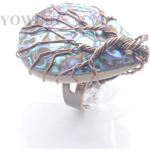 4PCS Teardrop Antique Adjustable Ring for Women Vintage Finger Jewelry Abalone Shell Bead Wire Wrapped Tree of Life IX3086