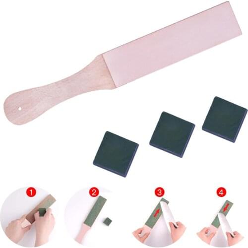 4PCS DIY Leather Tools Kit Wooden Double Sided Leather Paddle Strop with 3 Packs Polishing Compounds for DIY Craft