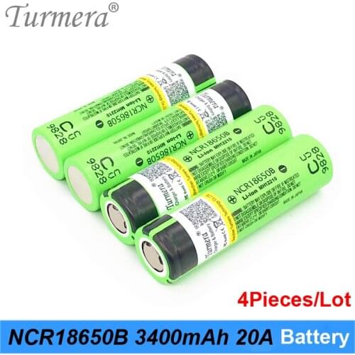 Turmera 100% Original 18650 Battery NCR18650B 3.7V 3400mAh 20A Rechargeable Lithium Battery for Screwdriver Flashlight 4Pieces