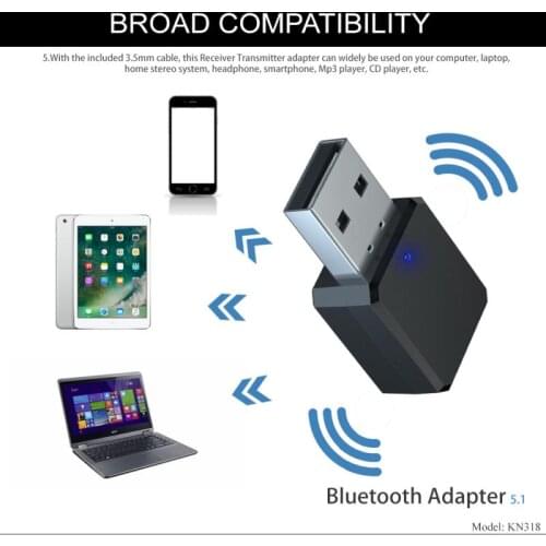KN318 Wireless USB Bluetooth 5.1 Transmitter Receiver 3 In 1 Dongle Adapter 3.5mm AUX For TV Headphones Home Stereo Car Audio