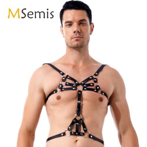 Black Men Body Shoulder Chest Faux Leather Harness Belt Rivet O Ring Decor Adjustable Buckle Straps Bar Stage Show Costume