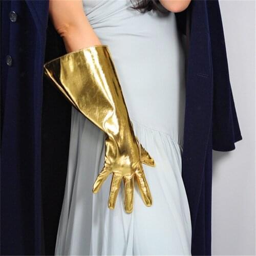 Patent Leather Long Gloves 38cm Large Sleeves Simulation Leather Imitation Leather Unisex Pure Gold DXQP03