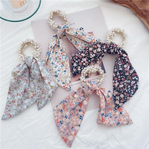 Korean style idyllic seaside silk scarf ribbon pearl hair ring bow knot rubber band ladies hair rope fashion