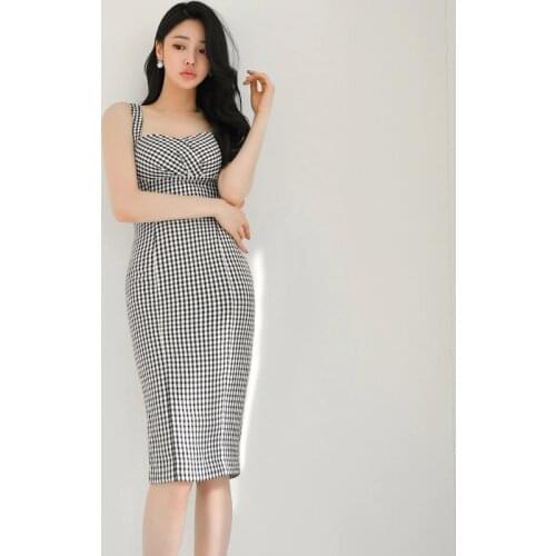 Summer New Fashion Women Sexy Plaid Suspender Dress Fashion Backless Houndstooth Tight Bodycon Dress