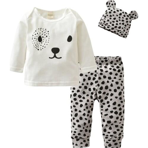 Hot Fashion Baby Boys Girls Clothes Set Printed Long Sleeve 100% Pure Cotton Top+Legging Pants+Hat Infant Baby Clothing Set