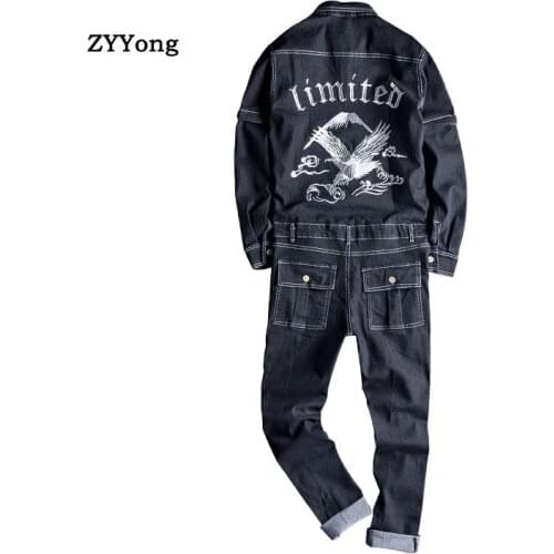 Men Jeans Jumpsuits Lapel Long Detachable Sleeve Embroidered Fashion Hip Hop Denim Overalls Cargo Pants Black Homme Trousers