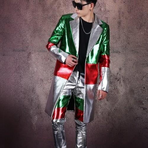 Men Fashion PU Leather Splicing Color Long Blazers Pants Punk Style Mens Suits Tide Male Singer Concert Stage Costume Nightclub