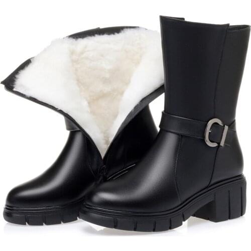 New Classic Fashion Genuine Leather Plush / Wool Boots Warm Shoes Winter Boots Thick Heel Large Size Snow Boots Womens Boots