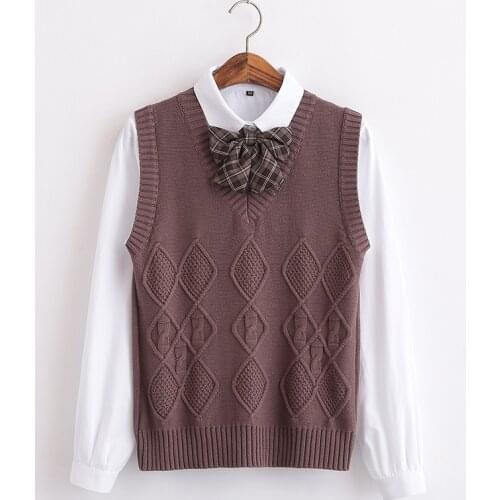 Solid brown sweater vest cotton diamond stripe Twisted vest women sleeveless