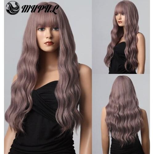 Purple Wave Long Daily Long Synthetic Wig For White Women With Bangs Cosplay Natural Heat Resistant Hair Party Wavy Female Wigs