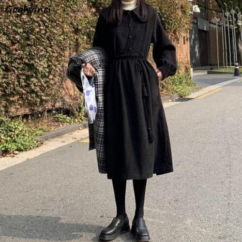 Long Sleeve Dress Women Lantern Sleeve Corduroy Black Button Mid-calf Loose Turn-down Collar Lovely Casual Lace-up A-line Female