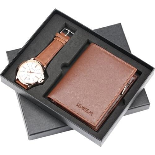 Casual Men Watch Set Wallet Quartz Roman Numerals Dial Clock Brown Leather Strap Pin Buckle Mens Purse Gifts Set for Boyfriend