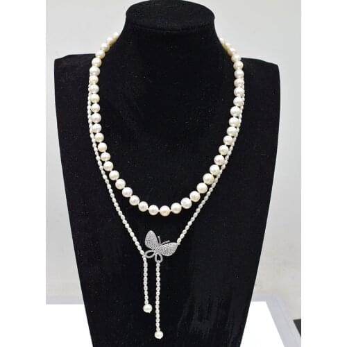 2rows freshwater pearl 8-9mm near round white wholesale nature beads FPPJ +zircon butterfly