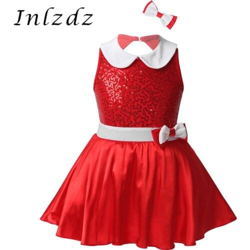 #4-12 Kids Girls Christmas Dancewear Outfit Sleeveless Shiny Sequined Boknot Tutu Leotard Dress with Hair Clip Set