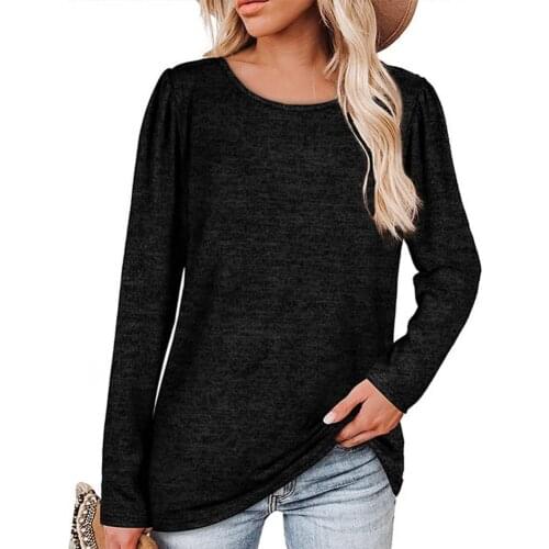 Long Sleeve Solid Color Women Top Autumn Winter O-Neck Pleated Shoulder Tunic Blouse Pullover