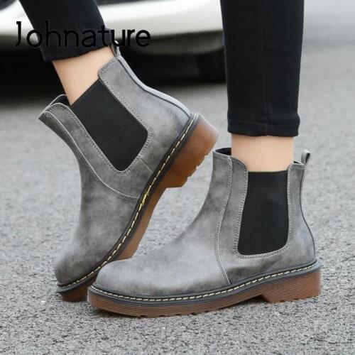 Johnature Ankle Women Boots 2020 New Winter Round Toe Ladies Shoes Sewing Concise Fashion Leisure Platform Boots Plus Size 41-43