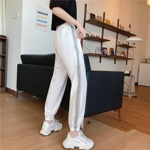 Thin ice silk 2020 grils high waist waist ankle length harem pants female summer loose student carrot casual sports pants