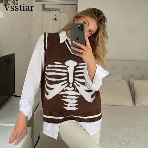 Vsstiar Printed Sweater Vest Women Y2K Loose Knitted Jumper Top Fashion Autumn Winter Sleeveless Streetwear Harajuku Pullover