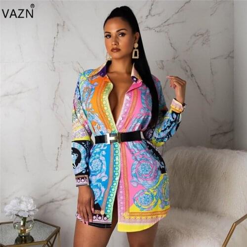 VAZN Summer Print Sexy Dress 2019 New Arrivals Long sleee Shirt dress Women Party Night Club Bodycon Dress J1727