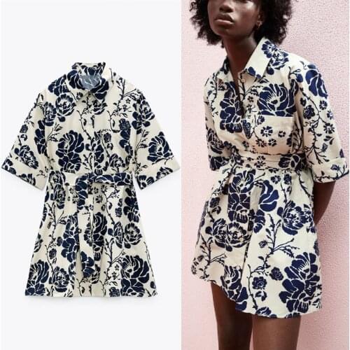 Za Summer Women Shirt Dress 2021 Floral Print Short Sleeve Belt Office Lady Dress Fashion Button Up Vintage Blue Woman Dresses