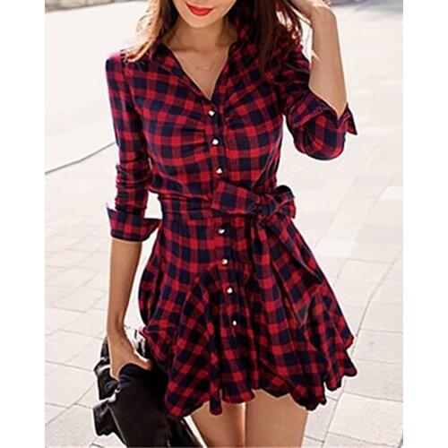 2020 Women Casual Long Sleeve Red Plaid Strap Waist Pleated Turn Down Collar Polo Front Button T Shirt Dress Plus Size
