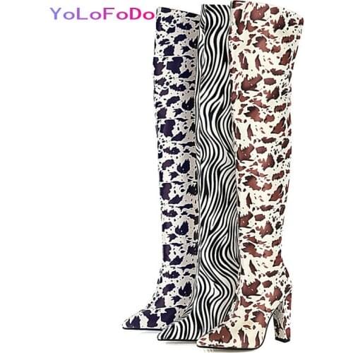 2021 Women Over the Knee Boots Faux Leather Square High Heel Ladies Thigh Boots Fashion Pointed Toe Zipper Women Long Boots