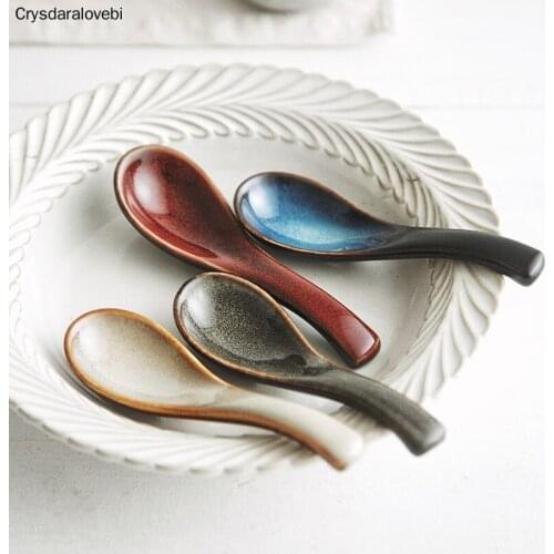 5PCS Japanese-style Tableware Rice Soup Spoon Porridge And Dessert Spoon Home Restaurant Spoons Solid Color Ceramic Spoon
