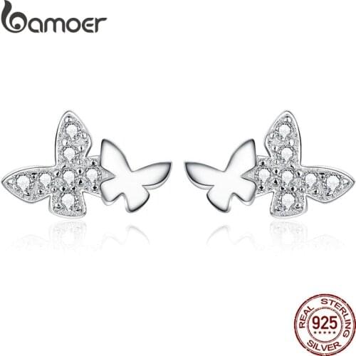 Bamoer Flying Butterfly Couples Stud Earrings Clear CZ Shiny Elegant Ear Studs 925 Sterling Silver Jewely Accessories BSE236