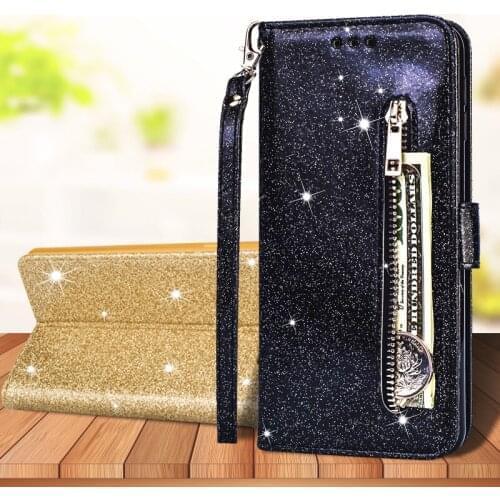 For Samsung Galaxy A7(2018) A750 6.0in Shine Glitter Zipper Wallet Bag Flip Phone Leather Case Card Slot Stand Shockproof Cover
