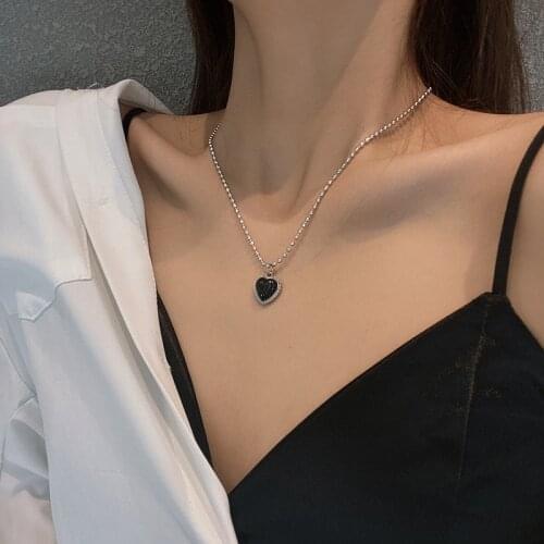 Black Heart Locket Necklace New Fashion Trendy Titanium Link Chain Silver Color Vintage Round Bead Necklace Gift For Women