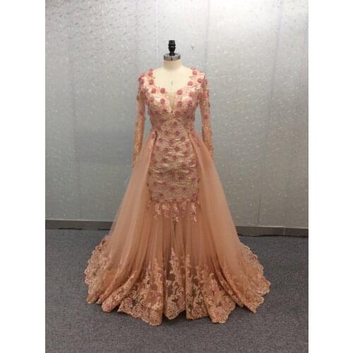 Elegant V-Neck 3D Flower Muslim Long Sleeve Evening Dresses Tulle Pleat Floor Length Zipper Back Formal Party Dresses for Women