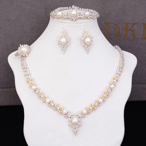 New Sweet Romantic Pearls 4PCS Necklace Bracelet Earrings Ring Jewelry Sets Cubic Zirconia Findings Bridal Wedding Noble Jewelry
