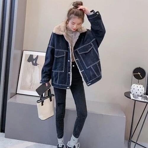 Korean Autumn Winter Plus Velvet Thickening Denim Jacket Fashion All-match Lapel Long Sleeve Warm Coat New Solid Loose Hole Coat