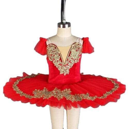 All For Dance Red Velvet With Gold Trim Red Tulle Pre-professional Pancake Ballet Tutu For Ballerina Performance Dance Wear