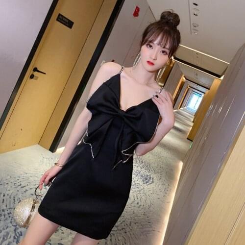 Summer Diamond with Spaghetti Strap Club Dress Classy Black V Neck Bow Women Dress Elegant Sexy Party Sheath Dresses Vestidos