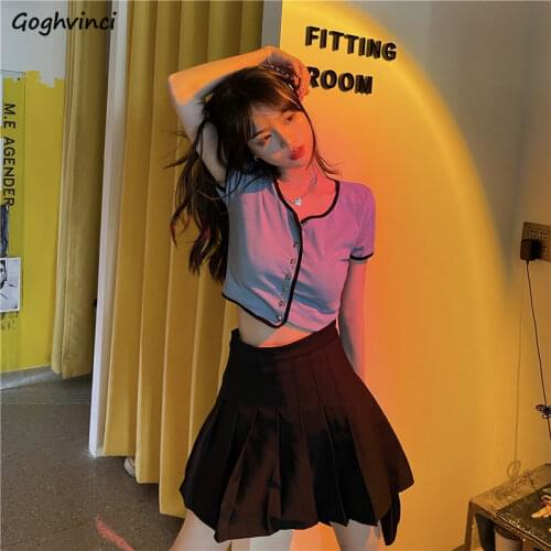 Sets Sweet Slim Skirts Draped Stylish Students T-shirts Crop Sexy Single Breasted Korean Style Harajuku Street Comfort Leisure