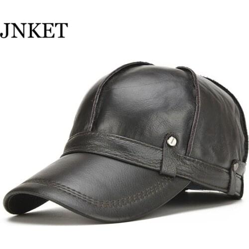 JNKET Fashion Mens Cowhide Baseball Cap Winter Fleece Lining Earflaps Hat Snapbacks Hats Waterproof Windproof Sports Cap Gorras