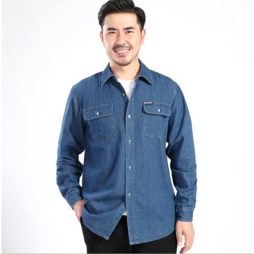 2021 Spring Autumn Mens long-sleeved solid denim shirt fashion Classic denim Pocket decoration shirt