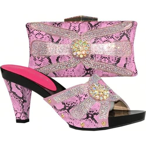 Pink Shoes and Bag Sets for Women Nigerian Dress Bag Matching Shoe Set with Stone Afircan Shoe and Bag Set for Party In Women