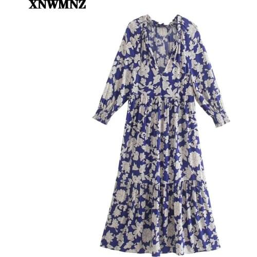 New ZA Women Vintage oversize floral print midi dress woman Chic slot collar long sleeves ruffled hem Ladies Dresses summer robe