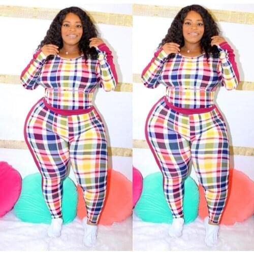 Autumn Winter 2 Piece Set Women Long Sleeve Casual Plaid Printed Tops And Pantse Womens Suit Plus Size Two Piece Sets Outfit