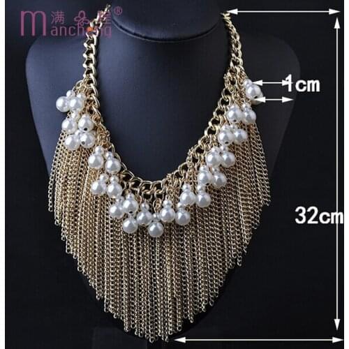Fine quality trendy Cheap pearl bead vintage necklace gold-color statement tassels pearl chains choker necklace pendant 2021