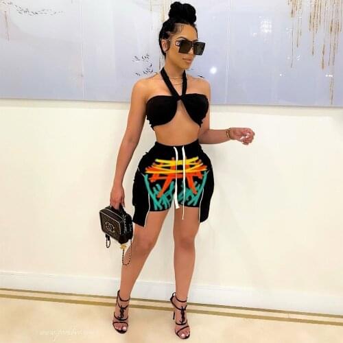 Sexy Women Fitness Two Piece Matching Set Women Halter Backless Crop Top and Striped Drawstring Biker Short Off Shoulder Outfit