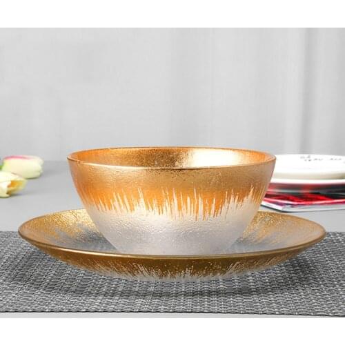 Cutlery Soup Bowl Dinner Tray Vajilla Glass Plate Electroplating Gold Big Food Tray Rice Bowl Gold Edge Serving plate Steak Tray