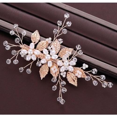 Bridal Gold Hair Clip Wedding Hair Jewelry Handmade Pearl Headdress Golden Leaf Barrette Hair Accessories