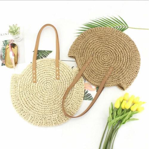 2020 Fresh Pastoral Style Women Casual Large Capacity Solid Round Circular Rattan Wicker Straw Woven Crossbody Beach Bag Basket